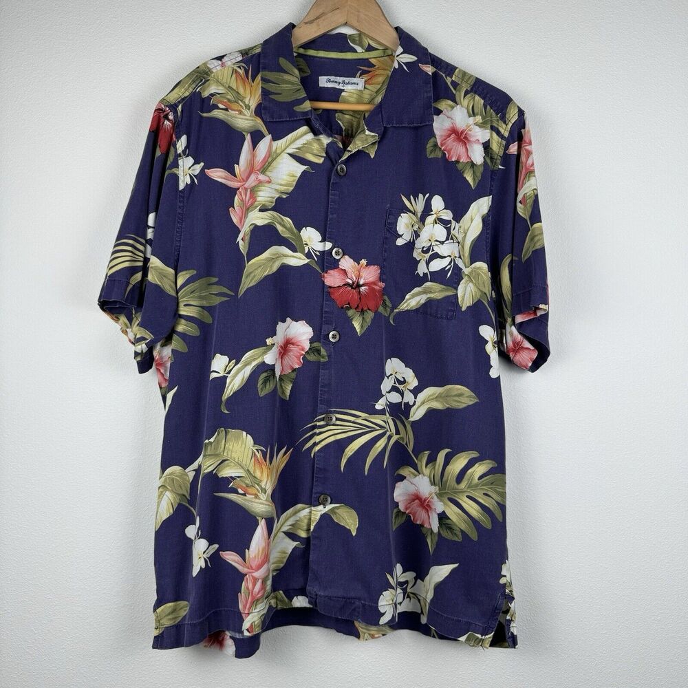 Tommy Bahama Men's Shirt Sz L Silk Hawaiian Style Button Down Loop Collar Purple